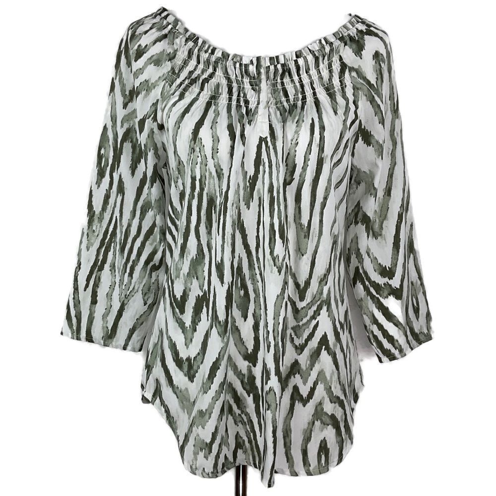 Chico’s White Green Smocked 3/4 Sleeve Top 0 Small